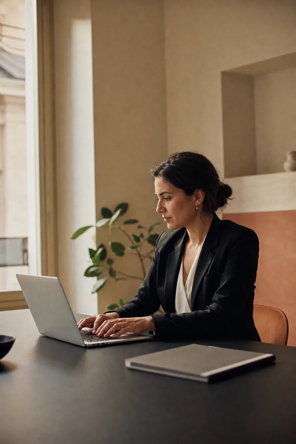 Una professionista al lavoro con il laptop accanto a una finestra, in un ufficio contemporaneo con luce calda